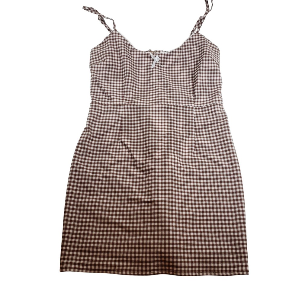 Urban Outfitters Gingham Brown Mini Dress Spaghetti Strap Bow Summer‎ Casual